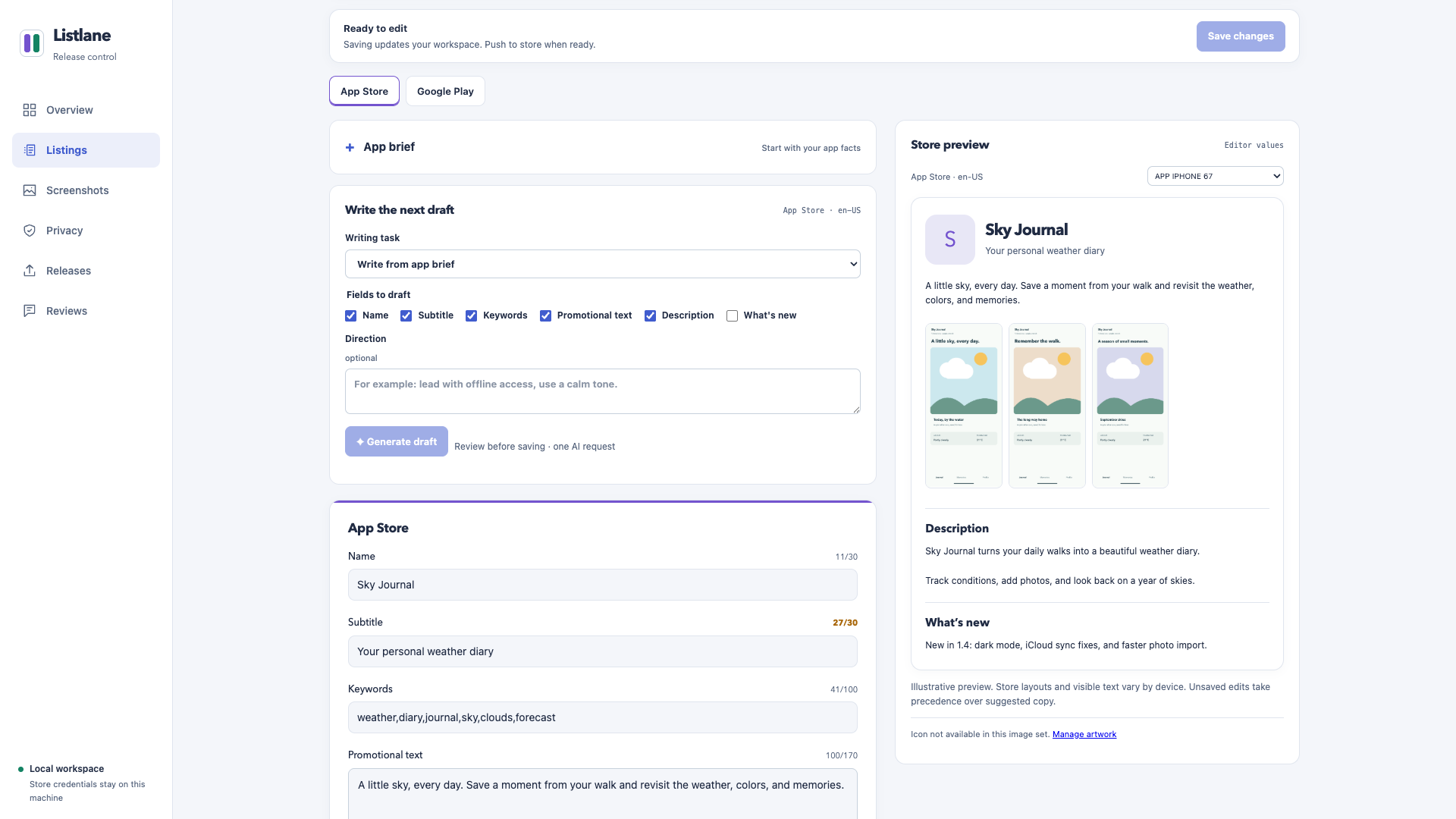 Actual Listlane listing editor and store preview using the fictional Sky Journal example.